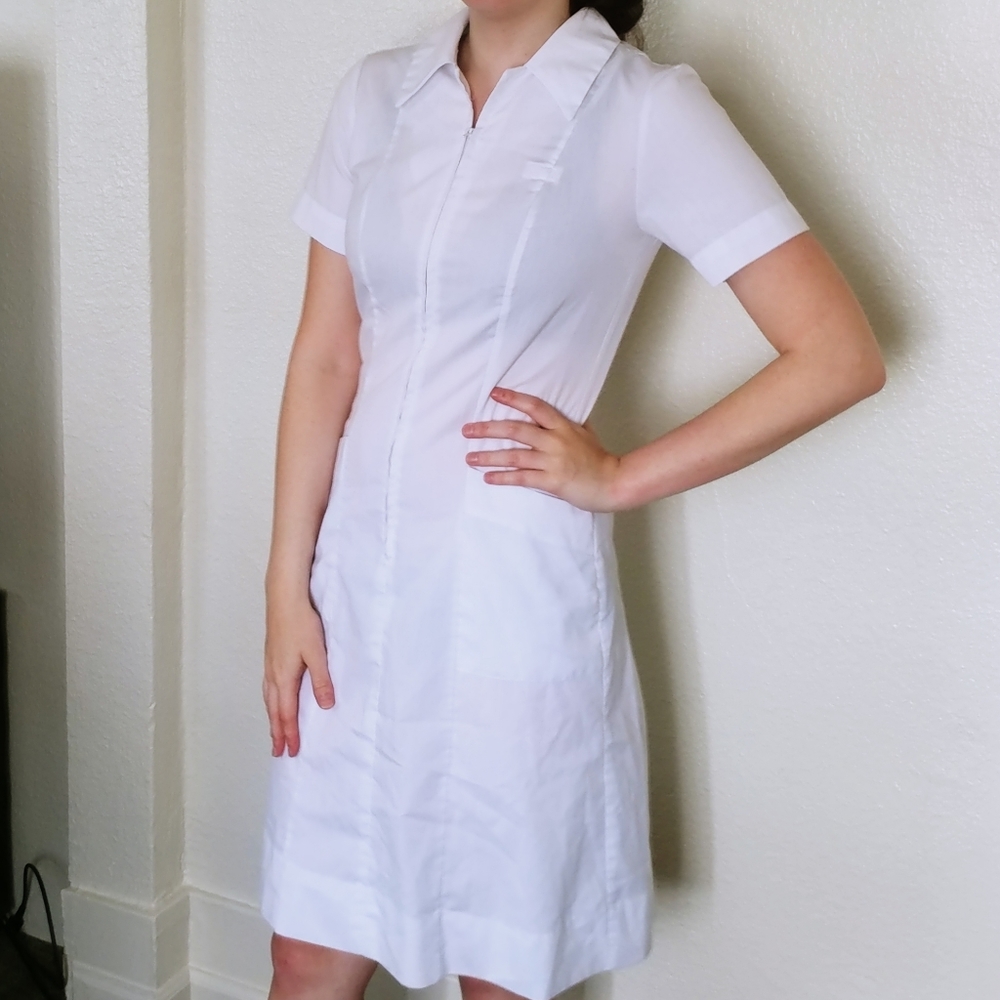 Vintage A Line Nurse Uniform Zip Up Pocket Dress